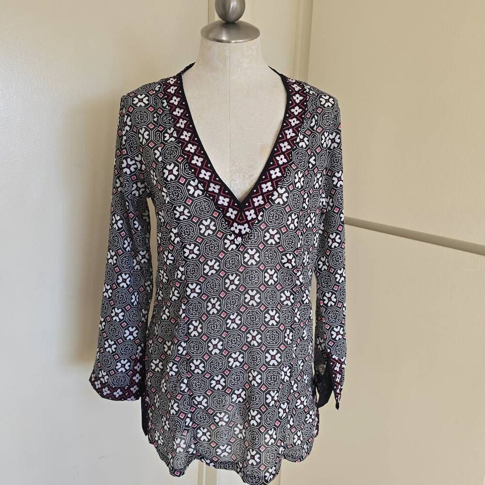 Anne Cole Collections Deep V-Neck Tunic, Blk/Pink/Wht, Cotton, Thigh Lgth.NWOT,